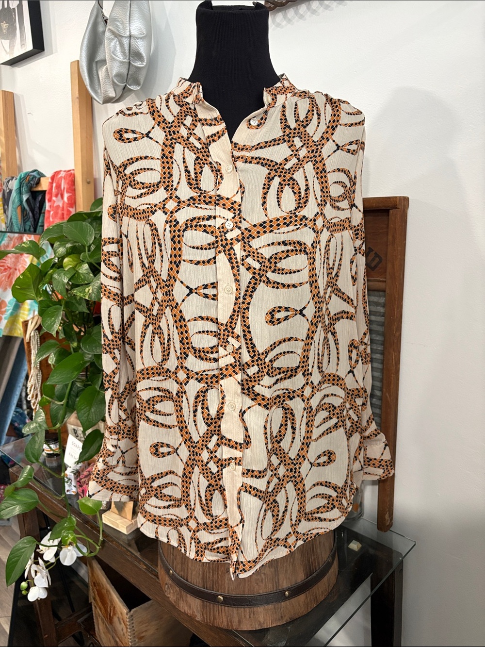 Women’s Cream Animal-Print Button-Front Blouse